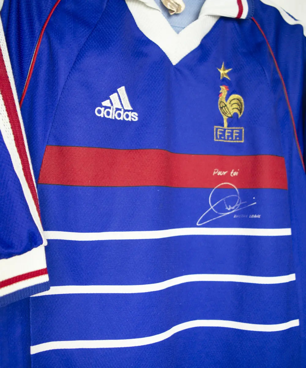 Maillot foot authentique retro et vintage - Equipe de France domicile #10 Zidane + signature 1998 (S)