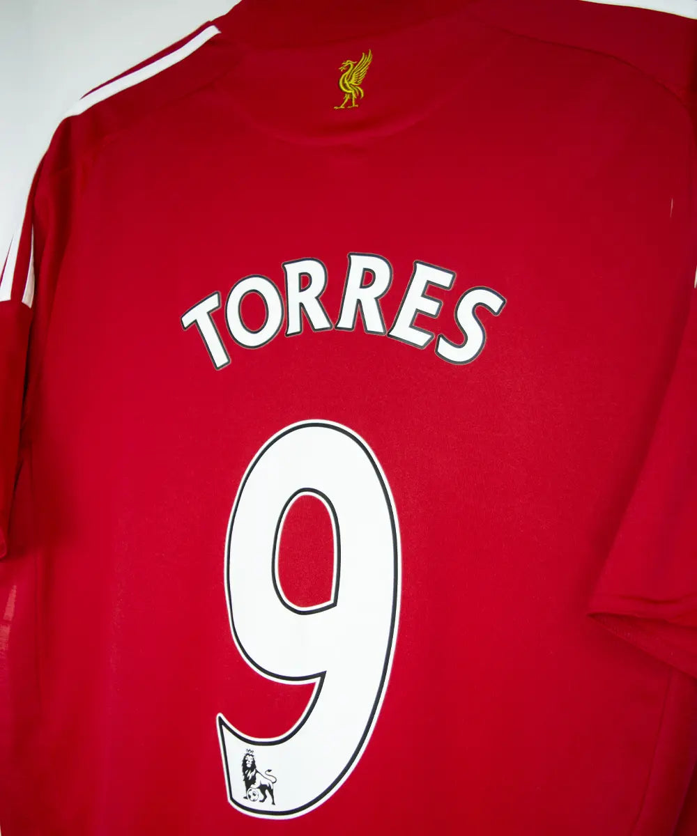 Maillot domicile de liverpool de la saison 2008 jusqu'à 2010. Le maillot est de couleur rouge et blanc. On peut retrouver l'équipementier adidas et le sponsor carlsberg. Le maillot est floqué du numéro 9 torres
