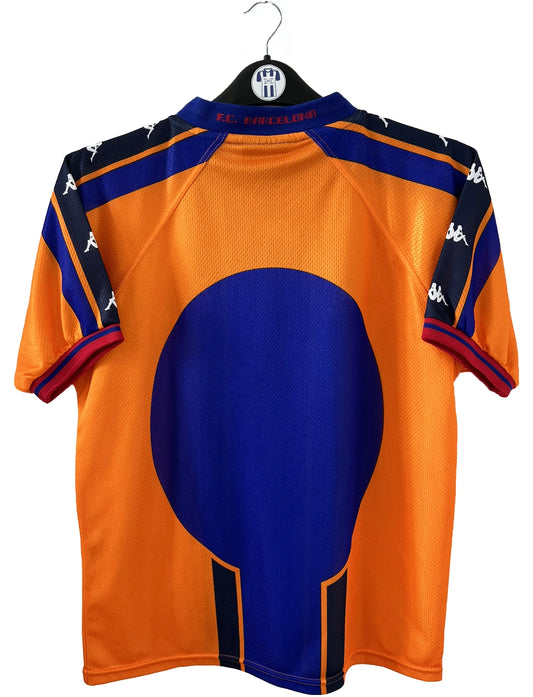 Maillot de foot extérieur rétro/vintage authentique du Barca Orange, bleu et noir de la saison 1997-1998