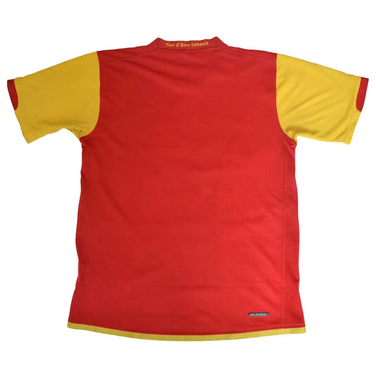Maillot rétro/vintage authentique rouge et jaune du RC Lens signé par Gillet et Sikora de dos