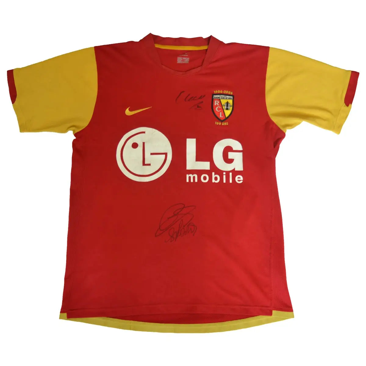 Maillot rétro/vintage authentique rouge et jaune du RC Lens signé par Gillet et Sikora