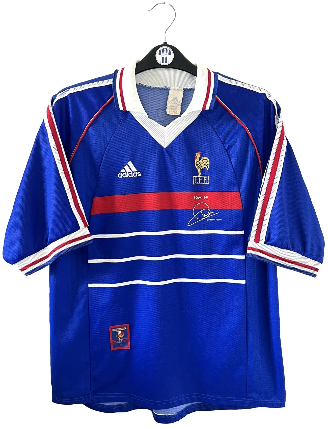 Maillot foot authentique retro et vintage Equipe de France domicile 1998 signe Zidane XL