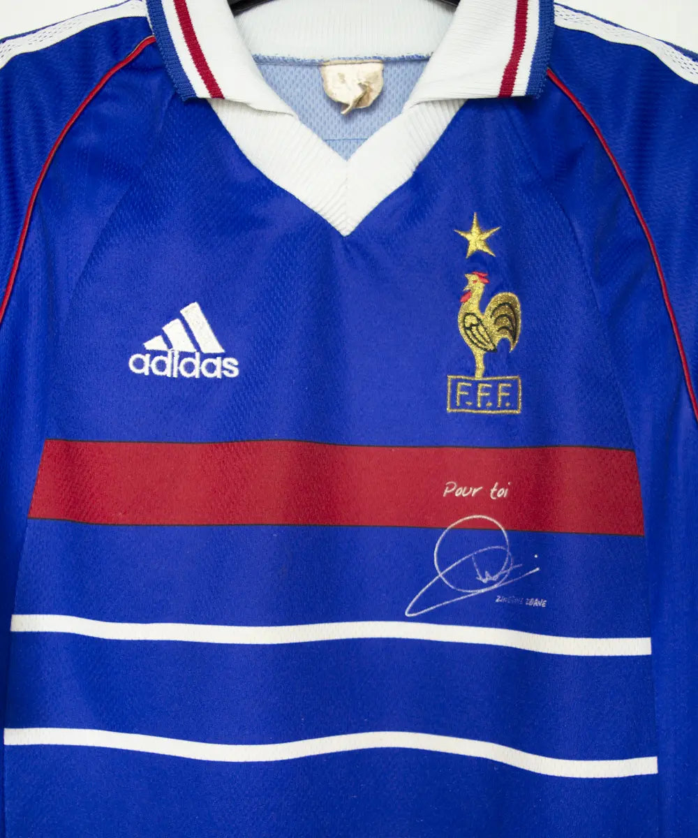 Maillot foot authentique retro et vintage - Equipe de France domicile #10 Zidane + signature 1998 (S)