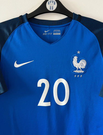 Maillot de foot vintage domicile bleu de l'Equipe de France 2016. On peut retrouver l'équipementier Nike. Le maillot est floqué du numéro 20 Kingsley Coman. Il s'agit d'un maillot authentique d'époque.
