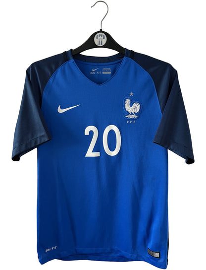 Maillot de foot vintage domicile bleu de l'Equipe de France 2016. On peut retrouver l'équipementier Nike. Le maillot est floqué du numéro 20 Kingsley Coman. Il s'agit d'un maillot authentique d'époque.