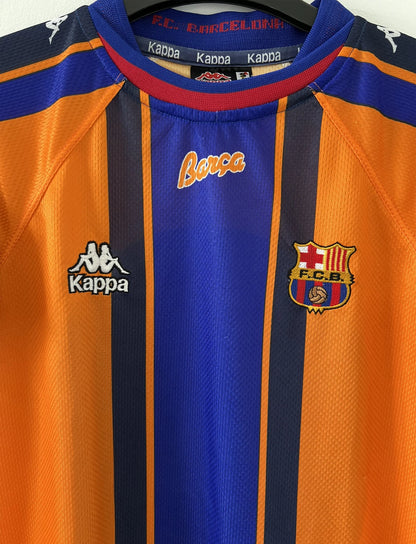 Maillot de foot extérieur rétro/vintage authentique du Barca Orange, bleu et noir de la saison 1997-1998
