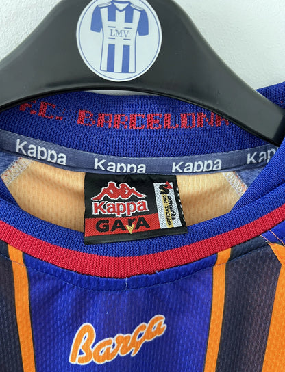 Maillot de foot extérieur rétro/vintage authentique du Barca Orange, bleu et noir de la saison 1997-1998