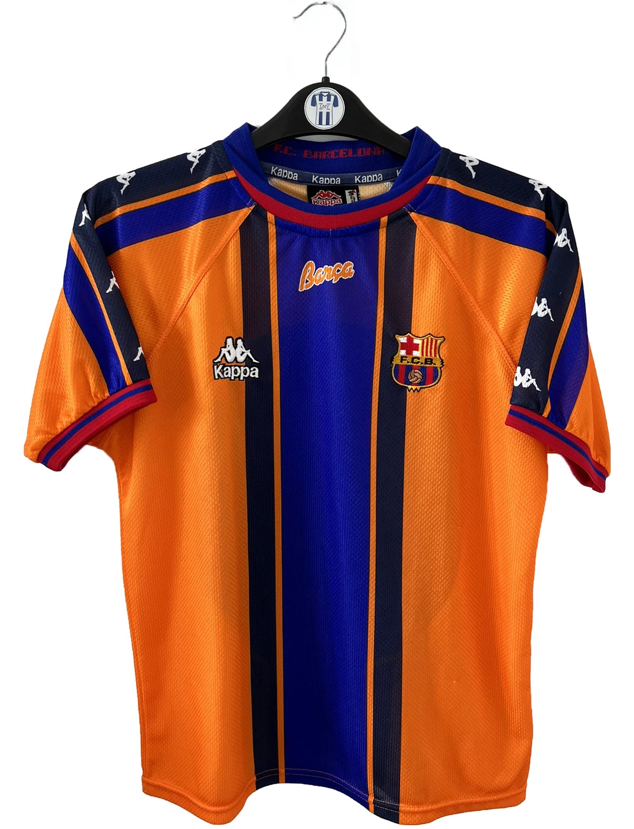 Maillot de foot extérieur rétro/vintage authentique du Barca Orange, bleu et noir de la saison 1997-1998
