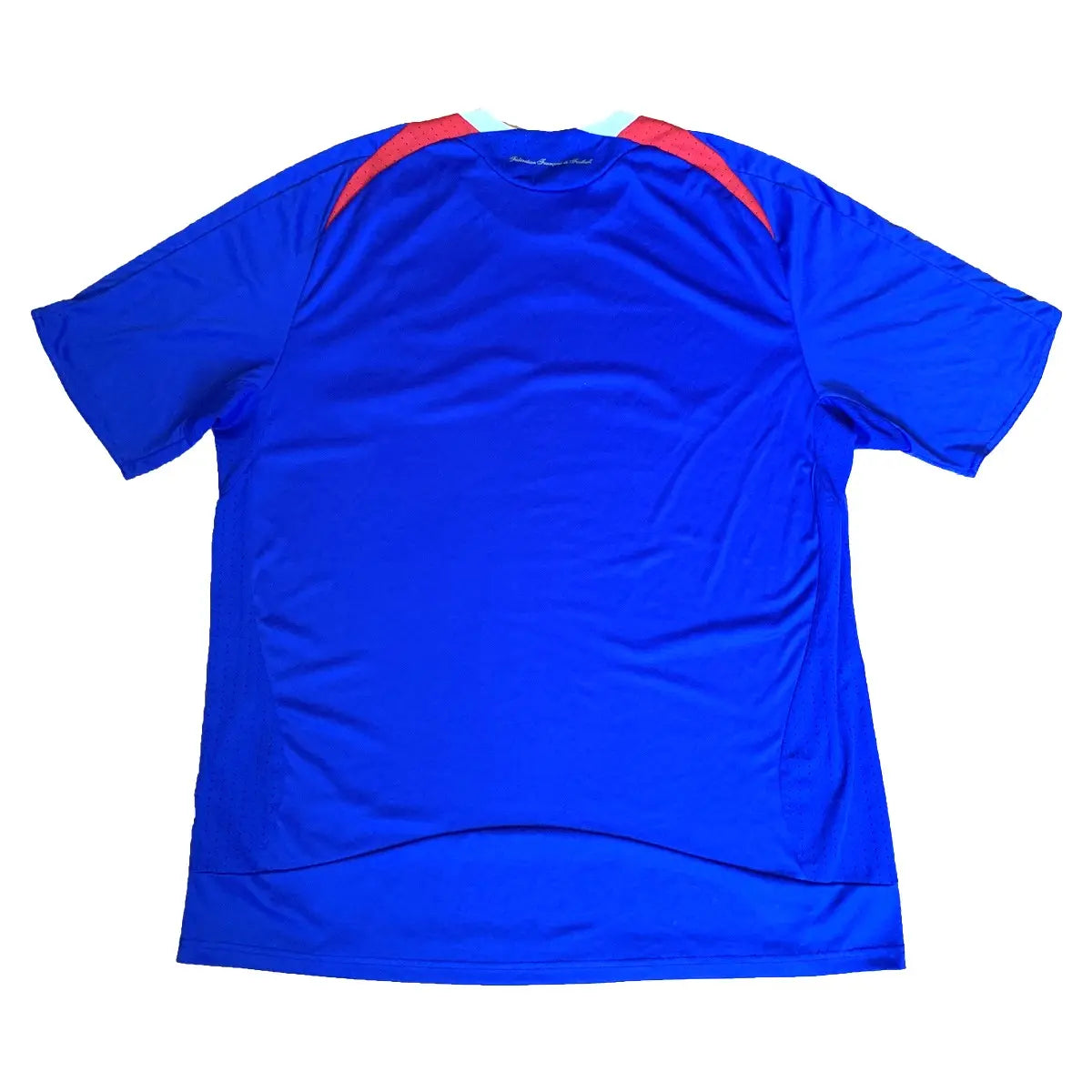 Maillot retro/vintage authentique domicile equipe de france, bleu, blanc et rouge, de dos, porté lors de l'euro 2008. On y retrouve l'équipementier adidas