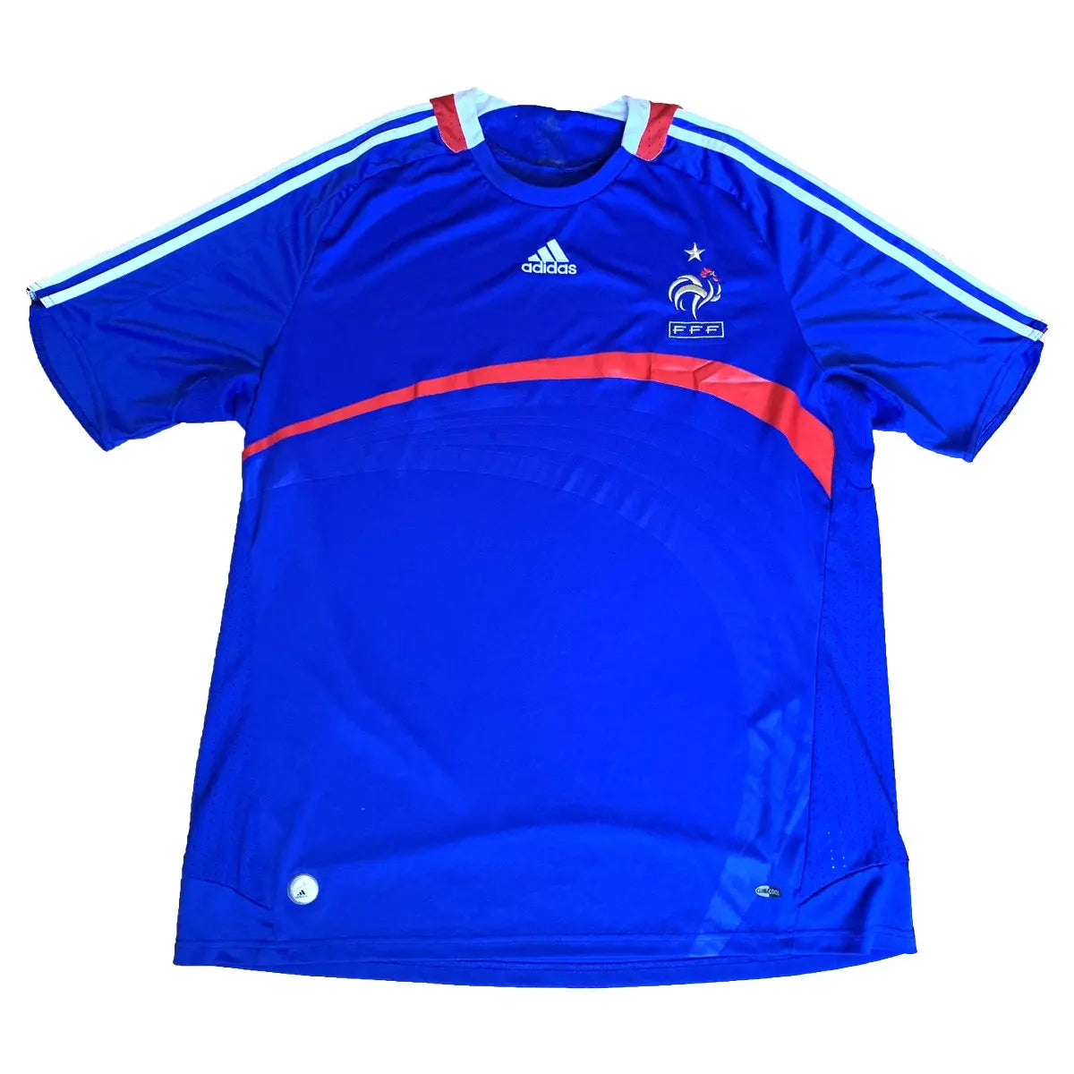 Maillot retro/vintage authentique domicile equipe de france, bleu, blanc et rouge, porté lors de l'euro 2008. On y retrouve l'équipementier adidas