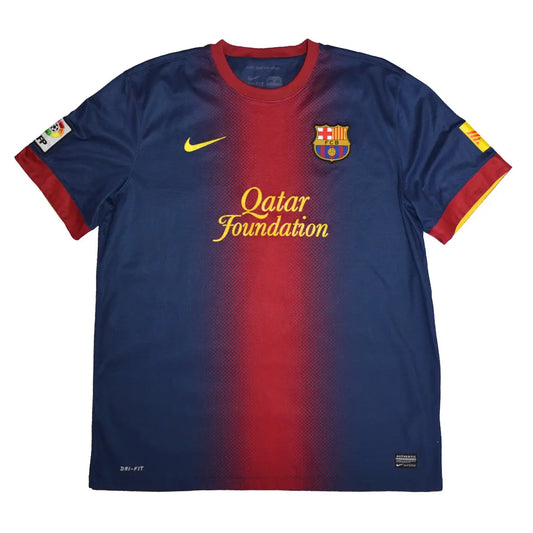 maillot retro/vintage authentique domicile du barca 2012-2013 bleu et rouge, avec le sponsor qatar fondation et le logo nike