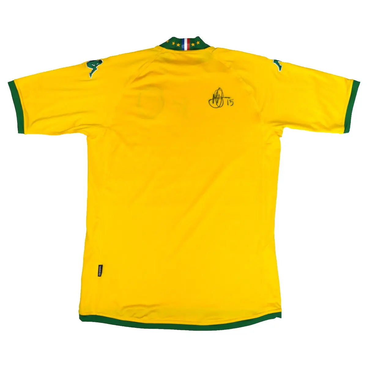 maillot de foot retro/vintage domicile kappa jaune fc nantes, 2008-2009, avec le flocage synergie, signé par heurtebis et mareval de dos