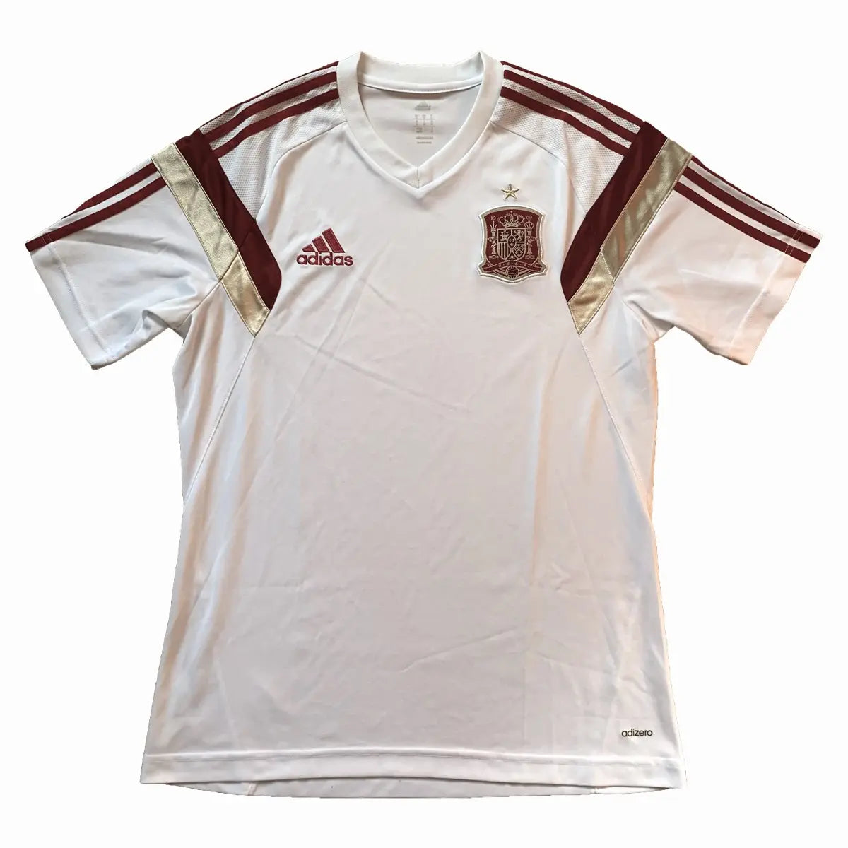 Maillot retro/vintage authentique entrainement espagne 2013-2015, blanc avec du rouge, du dorée et l'équipementier adidas