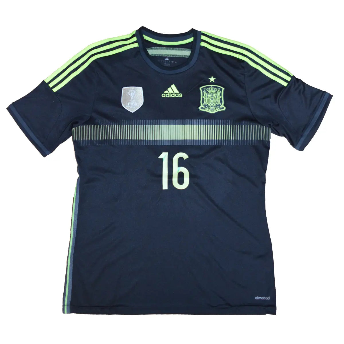 maillot extérieur retro/vintage authentique de l'espagne 2013-2015, noir et jaune floqué sergio busquets de face