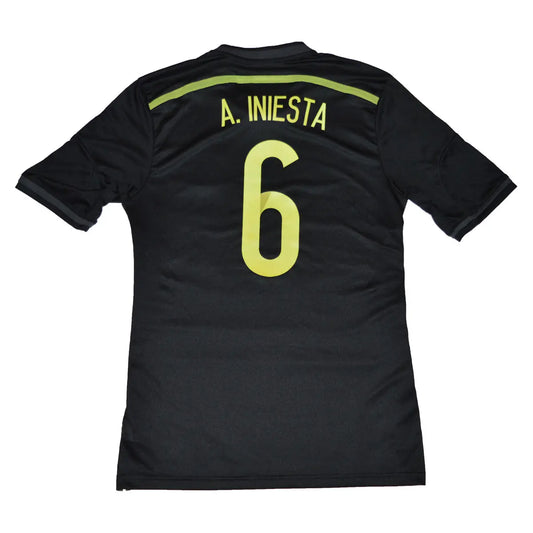 Maillot de foot rétro/vintage authentique noir et jaune Adidas de l'Espagne extérieur 2014 Iniesta flocage