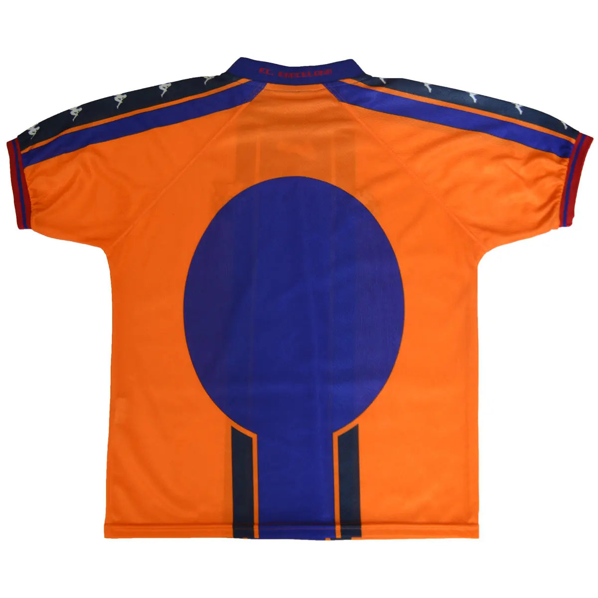 Maillot de foot extérieur rétro/vintage authentique du Barca Orange, bleu et noir de la saison 1997-1998 de dos