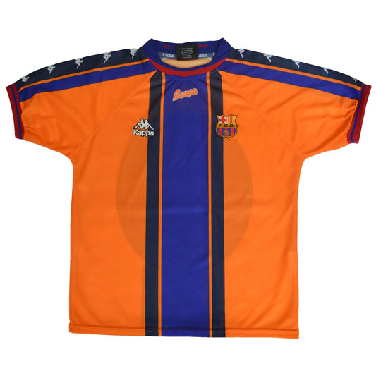 Maillot de foot extérieur rétro/vintage authentique du Barca Orange, bleu et noir de la saison 1997-1998