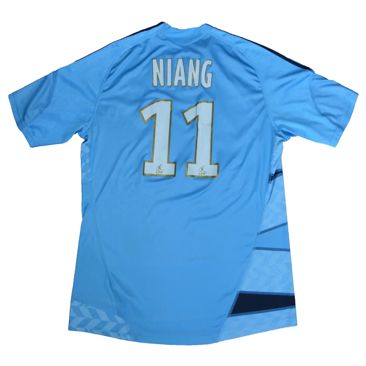 Maillot retro/vintage authentique extérieur de l'om 2009-2010 bleu, avec le sponsor direct énergie, et floqué mamadou niang